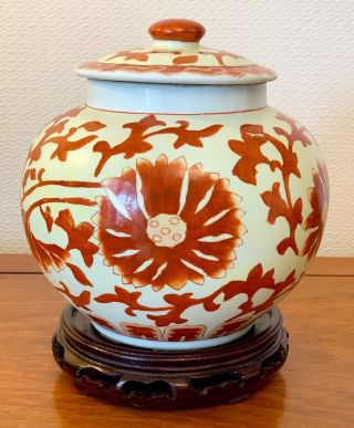 Vintage Old Chinese Porcelain Red And White Ginger Jar Pots 9 Ins Tall