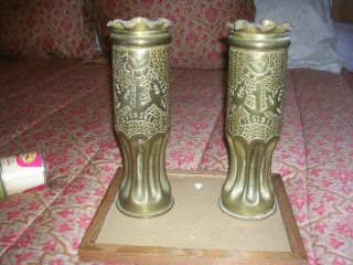 Vintage Pair Wwi 75 Mm Artillery Shell Trench Art Vase Beautifully Done