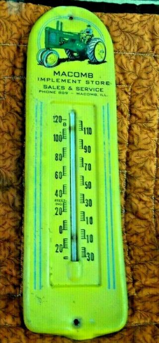 Vintage Adv.  For Macomb,  Ill.  Implement Store With John Deere Tractor Thermometer