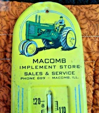 VINTAGE ADV.  FOR MACOMB,  ILL.  IMPLEMENT STORE WITH JOHN DEERE TRACTOR THERMOMETER 2