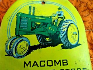 VINTAGE ADV.  FOR MACOMB,  ILL.  IMPLEMENT STORE WITH JOHN DEERE TRACTOR THERMOMETER 3