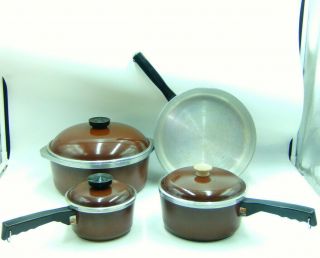 Vintage Brown 7 Piece Club Brand Aluminum Cookware Set Skillet Stock Pot Pans