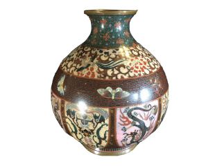 Rare Antique Chinese Cloisonne Shield Dragons Gold Fleck Vase Meiji