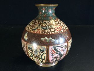Rare Antique Chinese Cloisonne Shield Dragons Gold Fleck Vase Meiji 2