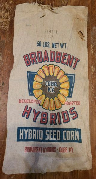 Vintage Broadbent Hybrid Seed Corn Cloth Sack Bag Cobb,  Ky.  Kh