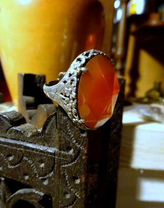 Vtg Chinese Export silver Oversized Adjustable Ring with faceted Carnelian 3
