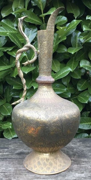 Vintage Middle Eastern Copper & Brass Ornately Engraved Ewer Jug Cobra Handle
