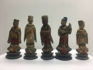5 Old Chinese Wooden Carved Multicolored Figures,  5.  25 " Tall