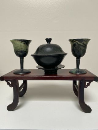 Vintage Chinese Spinach Jade Bowls - Set Of 2 Cups 1 Pot Sake Tea Vtg 3.  75 " H