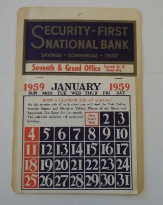 Vintage Security First National Bank 1959 Calendar