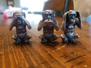 Vintage Miniature 3 Wise Monkeys Pewter See No Evil Hear No Evil Speak