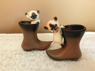 Pair Vintage Lego Ceramic Siamese Cat Kitten In Boot Shoe Vase Whiskers Japan