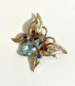 Vintage Gorgeous Art Deco Rhinestone Sterling Mazer Butterfly Glass Brooch Pin