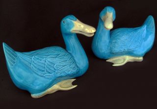 Pair Vintage Mid Century Turquoise Blue Chinese Porcelain Duck Figurines