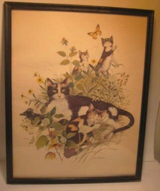 Old 1960 Calico Cat Family W/ Kittens In Flower Bed Signed Print James Lockhart