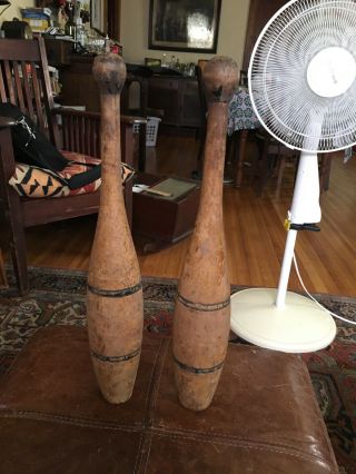 Pair Vintage Antique Wooden Juggling Clubs Pins 16” Carnival Clown