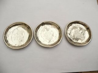 Rare Chinese Export Antique Solid Silver Set Of 3 Small Dishes
