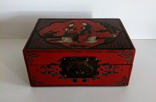 Vintage Red Rust Chinese Jewelry Box With Embossed Figural Scene Home Decor