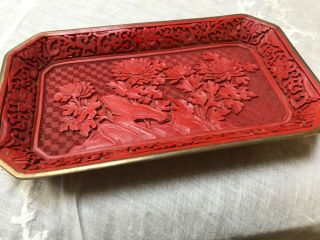 Antique Chinese Carved Lacquer Cinnabar Tray Landscape Floral Estate Find