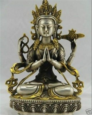 22.  5 Cm / Tibetan Buddhism Silver Bodhisattva Four Arm Kwan Yin Buddha Statue