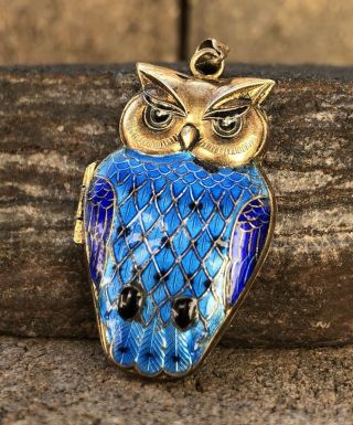 Vintage Old Chinese Export Gilt Silver Sterling Owl Blue Enamel Locket Pendant