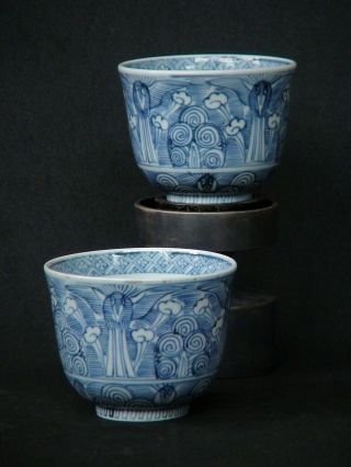 Set Of 2 Antique Japanese Porcelain Blue & White Imari Tea Cup With Signed