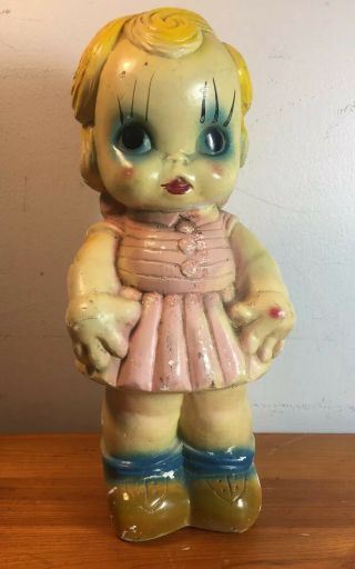 Vtg Carnival Prize Chalkware Kewpie Doll Statue Girl Bank