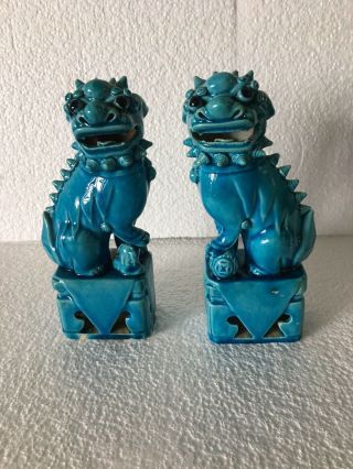 Two Vintage Chinese Blue Porcelain Turquoise Glazed Foo Dog Lion 8”