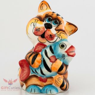 Cat With Fish Collectible Gzhel Style Colorful Porcelain Figurine Hand - Painted