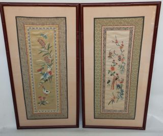A Pair (2) Of Vintage Framed Chinese Forbidden Stitch Textile Panel 