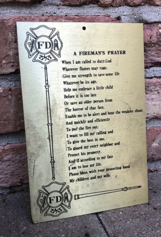 Vintage Solid Brass “a Fireman’s Prayer” Wall Plaque Msr Sign Fire Fighter