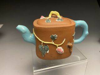 Vintage Chinese Hallmarked Yixing Zisha Clay Enamel Decorated Teapot (2)
