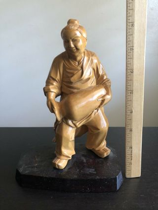 Large 8.  25” Chinese Cultural Revolution Carved Wood Robed Man W Vase Statue Art