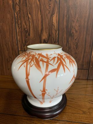 Vintage Porcelain Chinese Hand Painted Large Vase With Stand Bamboo
