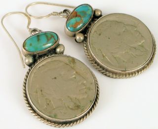 Vtg Sterling Silver Native American Turquoise Indian Nickel Signed E Earrings