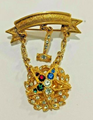 Vintage Order Of Eastern Star W/ Gavel Jeweled Goldtone Ora Signed Pin