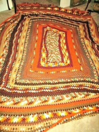 Vintage Retro Hand Crocheted Bedspread King Size 108 X 96 Orange Brown Green