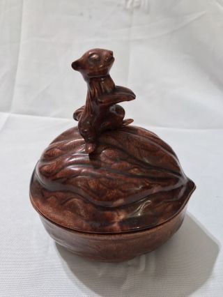 Vintage Pottery Nut Shaped Dish w/ Squirrel On Top - 2