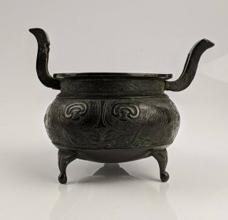 Chinese Antique Bronze Archaic Taotie Tripod Censer - Ming / Qing Fine Patina Af