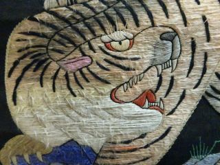 Antique Chinese Embroidered Panel Qing Dynasty Roaring Tiger 19th.  20th.  C Vtg