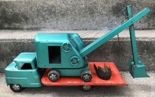 Vintage Structo Flat Bed Truck Hauler Tilt Bed W Steam Shovel Pressed Steel Toy