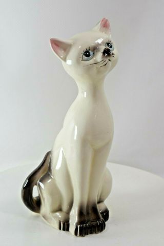 Vintage Ceramic Seated Blue Eyed Siamese Cat Figurine Gloss Glaze Japan 10 " Tall