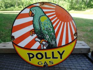 Old Vintage 1950s Polly Gas Porcelain Gas Station Pump Sign Parrot Gasoline Oil