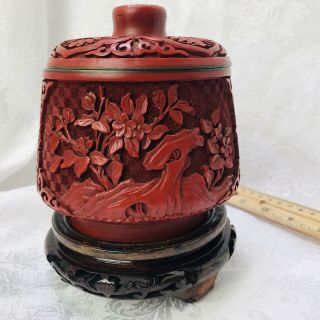 Vintage Cinnabar Red Carved Lacquer Ginger Jar Copper On Blue Enamel Wood Base