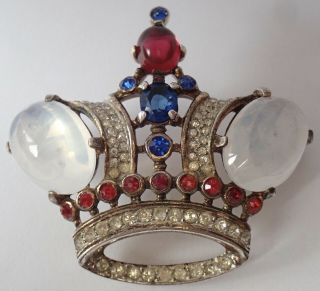 Vintage Trifari Sterling Silver Ruby Sapphire Crystal Rhinestone Crown Brooch