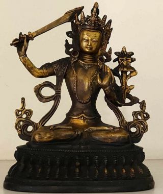 Antique Vintage Buddhism Bronze God Buddha Statue Manjusri Bodhi - Sattva