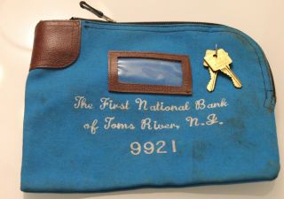 Vintage First National Bank Deposit Blue Canvas Leather Lock Bag 2 Key