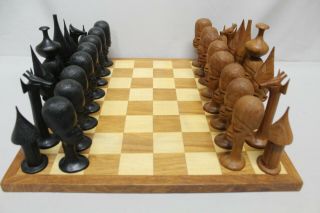 Vintage African Tribe Chess Set Hand Carved Wood King 5 1/8 "