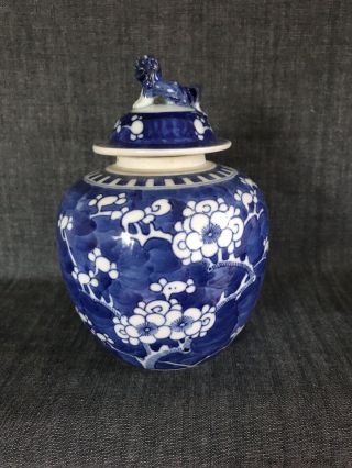 C19th Chinese B & W Prunus Ginger Jar And Cover Blue Circle Mark To Base