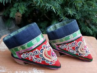 Antique Chinese " Lotus " Embroidered Bound Feet Shoes